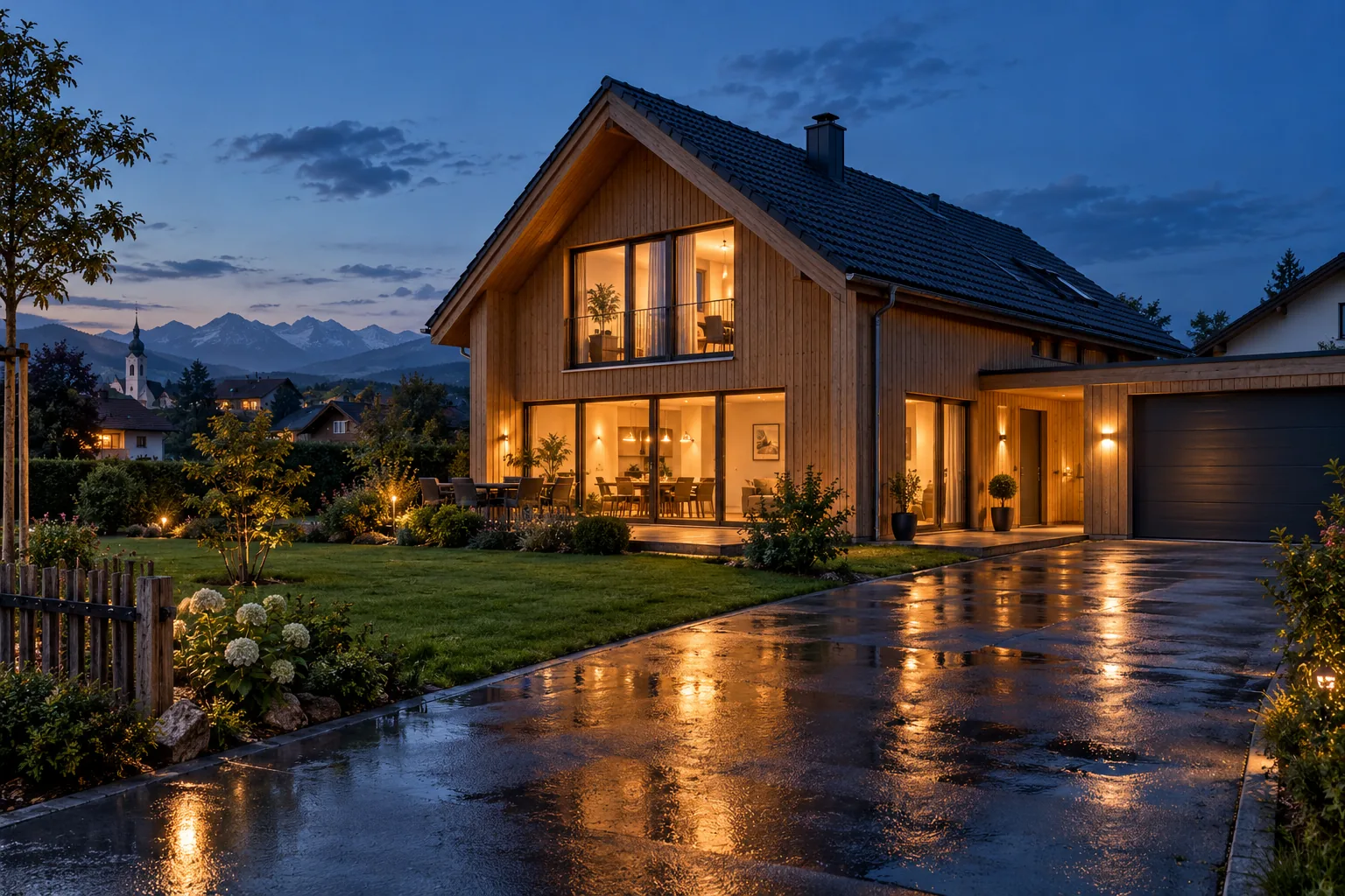 Einfamilienhaus mit Holzfassade am Abend, warmes Licht in den Fenstern