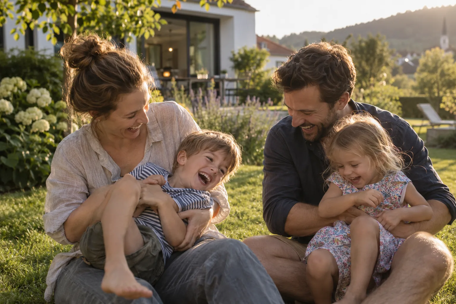 Junge Familie lacht gemeinsam im Garten
