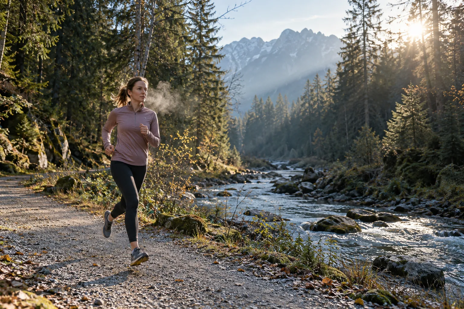 Frau joggt morgens auf einem Weg am Fluss