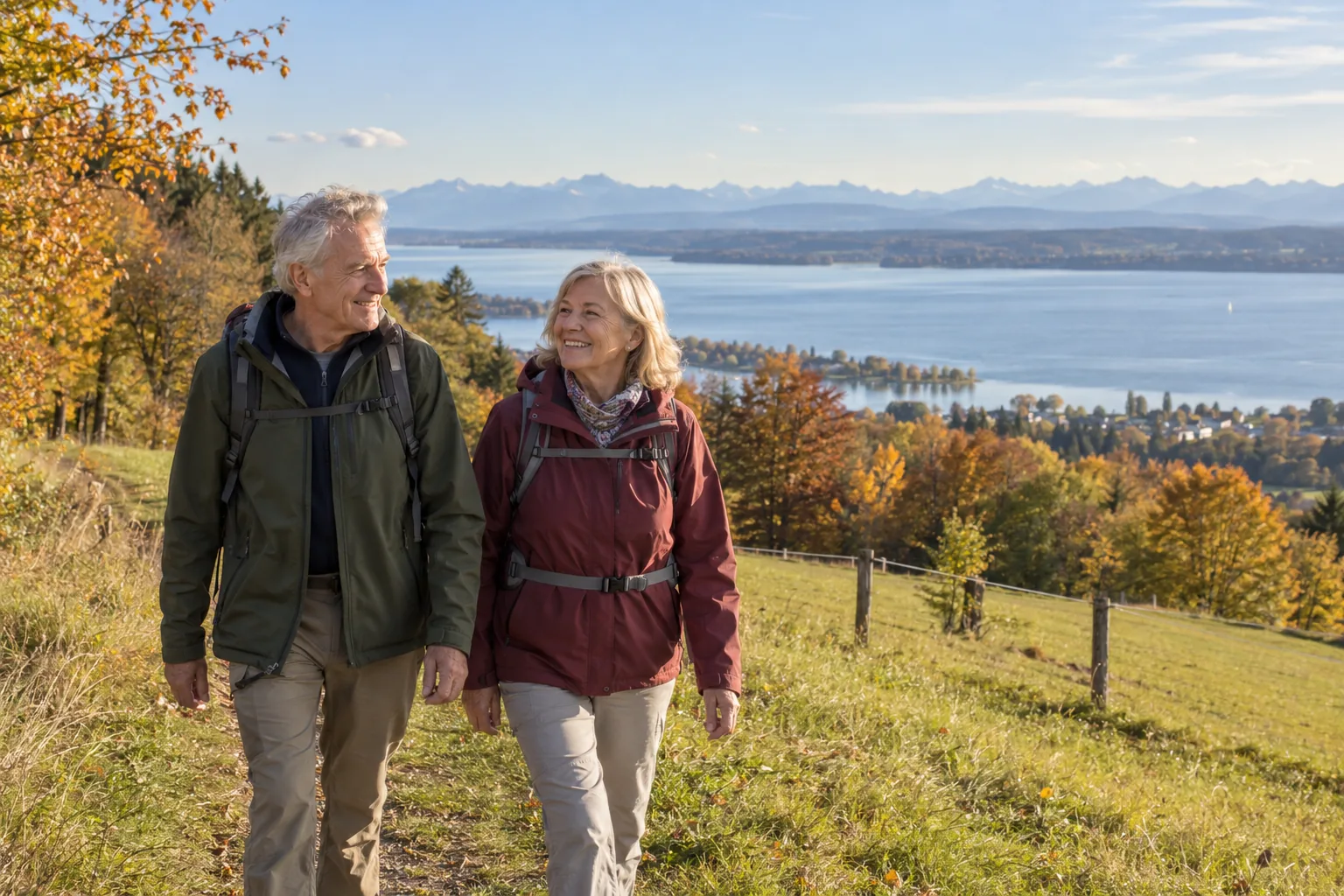 Älteres Paar wandert über einer Seenlandschaft